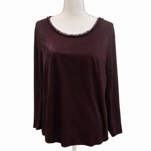 Chico’s Origami Shine Satin Pamola Top Brown Silk Trim NWT Size 2 / L 12 ✨